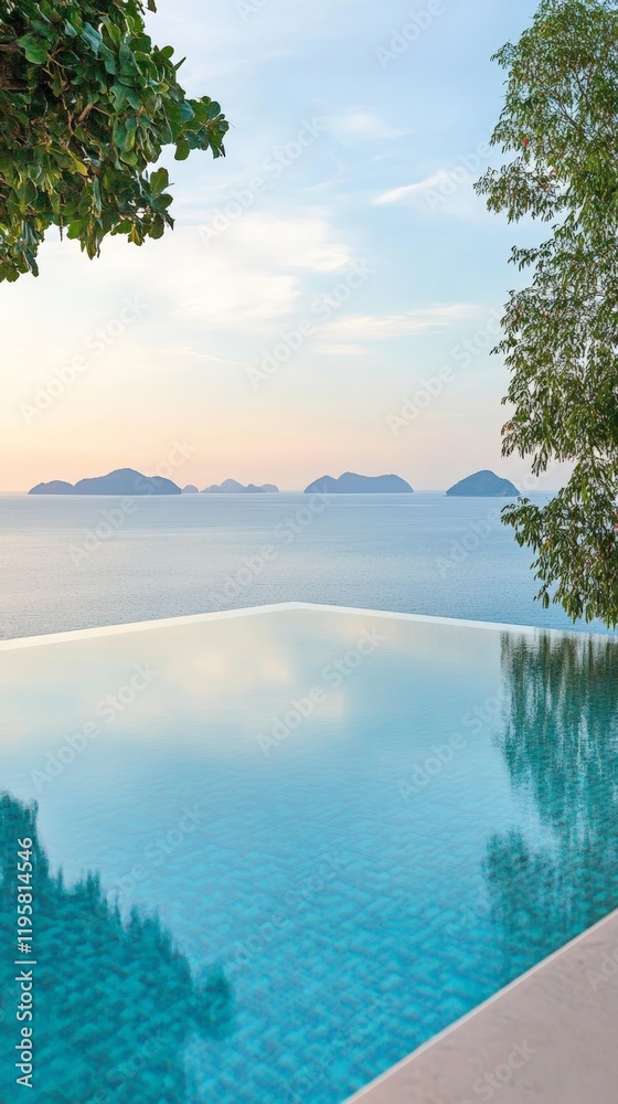 Poster stunning infinity pool merging seamlessly with the calm ocean at sunset, offering a breathtaking vie