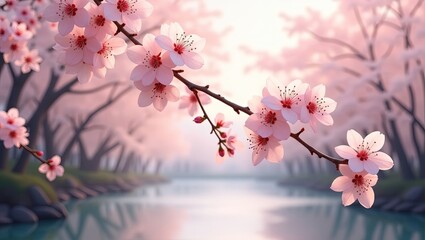 Obraz premium Magnífico paisaje de cerezos florecidos junto a un río bajo el cielo azul