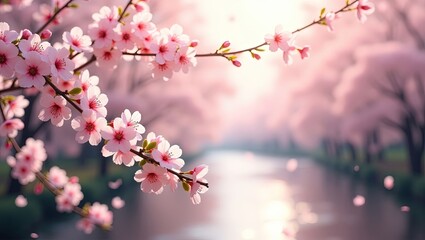 Fototapeta premium Delicadas flores rosadas de cerezo adornando un paisaje sereno junto a un río al amanecer