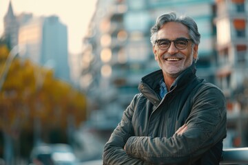 Fototapeta premium Middle age hispanic grey haired man smiling happy standing at the city.