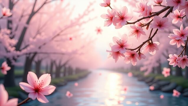 Escena pintoresca de cerezos en flor reflejados en un r&iacute;o sereno durante el amanecer primaveral