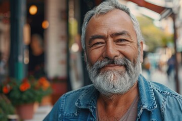 Happy mature man with stylish beard outdoors and at cafe.