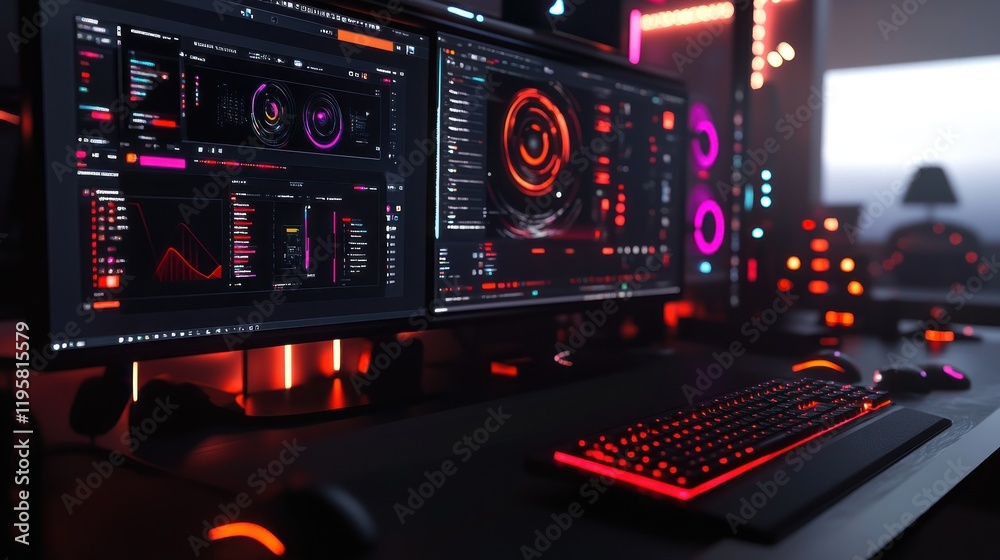 Poster advanced technology workstation with red lighting and dual monitors