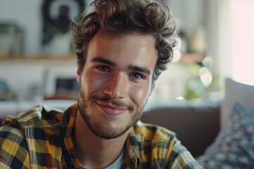 Obraz premium Closeup of happy young man looking at camera at home