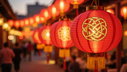 Fototapeta premium Festive lanterns with traditional Chinese knots glowing at night, celebration