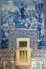 Evora, Portugal. Blue azulejo tiles on the wall, church interior.