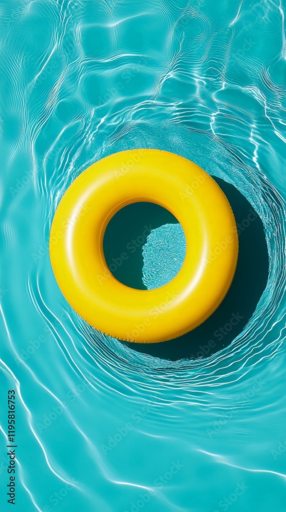 Poster bright yellow inflatable ring floating on the tranquil surface of a clear blue swimming pool, creati