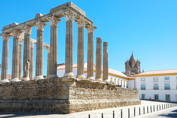 Naklejka premium Evora, Portugal. Roman temple of Diana from 1 century AD in the center of Evora.