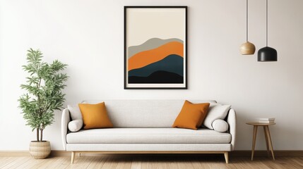 3D illustration of Frame mockup, ISO A paper size. Living room wall poster mockup. Interior mockup with house background. Modern interior design. 3D rendering
