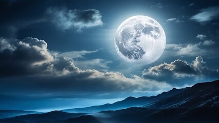 Obraz premium The bright full moon shines in the moonlit night sky