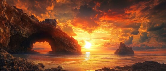 Sunset at a beach with sea caves and dramatic colors illuminating the sky