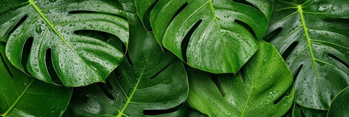 Fototapeta premium Lush, green monstera leaves glisten with fresh water droplets, creating a vibrant and refreshing natural pattern. The rich texture and vivid color evoke a sense of tropical tranquility