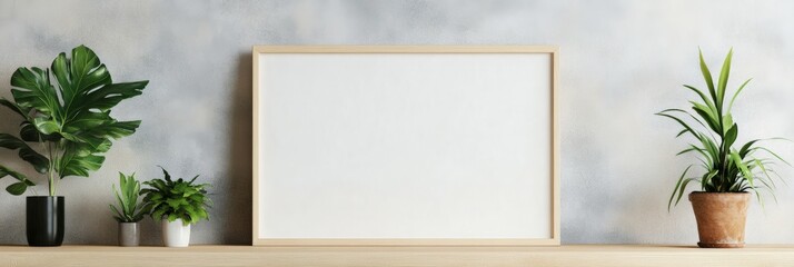 Horizontal wooden frame mockup is hanging on a gray wall with plants decor, creating a stylish and natural ambiance for showcasing artwork or designs