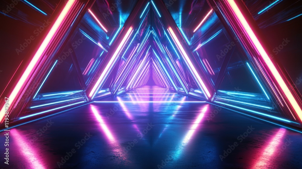 Poster neon triangular tunnel glowing brightly in dark space