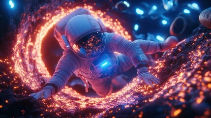 Astronaut Crawls Through Glowing Cosmic Tunnel