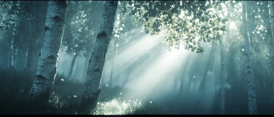 Birch forest illuminated by sunlight breaking through soft fog in an ethereal morning atmosphere