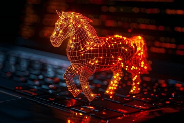 close-up photo of a Trojan horse icon displayed on a laptop keypad symbolizing cyber security and protection against hackers.