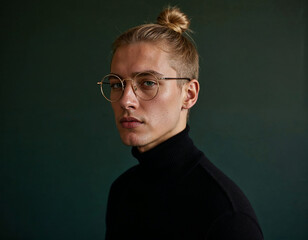 Obraz premium Modern Portrait of a Thoughtful Man with a Loose Bun and Round Glasses