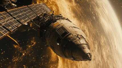 Spacecraft orbiting a planet with solar panels