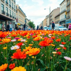 Vibrant flowers bloom in city street