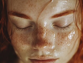 Fototapeta premium A close-up of the face of an angelic red-haired woman with closed eyes. Her skin is wet, and she has freckles.