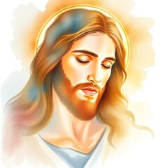 Serene portrait of a man with long hair, haloed in light.