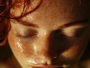A close-up of the face of an angelic red-haired woman with closed eyes. Her skin is wet, and she has freckles.