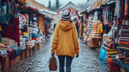 Obraz premium Woman Walks Through Snowy Market Street