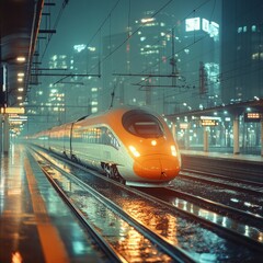 Fototapeta premium High-Speed Train with Motion Blur at a Station, Retro Green and Orange Theme, Iconic German Engineering