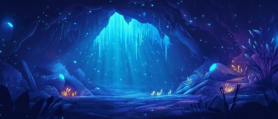 Explore the enchanting underground caves filled with bioluminescent creatures glowing in mesmerizing blue light