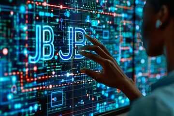 Fototapeta premium Close-up photo of a woman's hand protecting a Blue Job word on a digital screen, symbolizing workplace security and job protection.