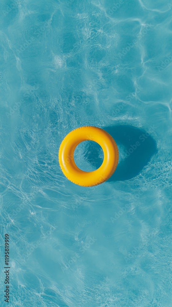 Poster minimalist summer background with yellow inflatable ring floating on rippled blue water surface in s