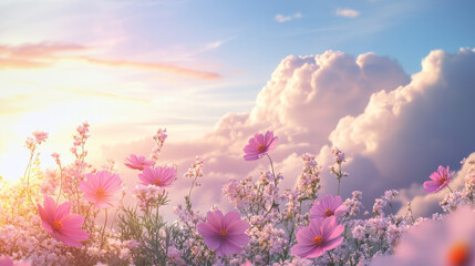 Obraz premium The flowers, in full bloom, showcase a variety of rich, lively colors—pinks, yellows, purples, and blues—creating a stunning contrast against the light, airy clouds. 