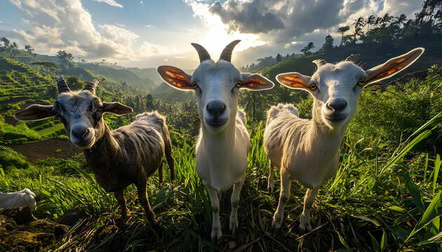 Farm goats of the Etawa or Jamnapari breed, seen from a Javanese goat's perspective