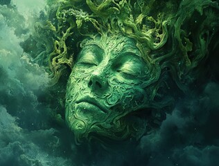 A shadowy face floating in the darkness, covered with moss and vines, surrounded by a glowing green light.