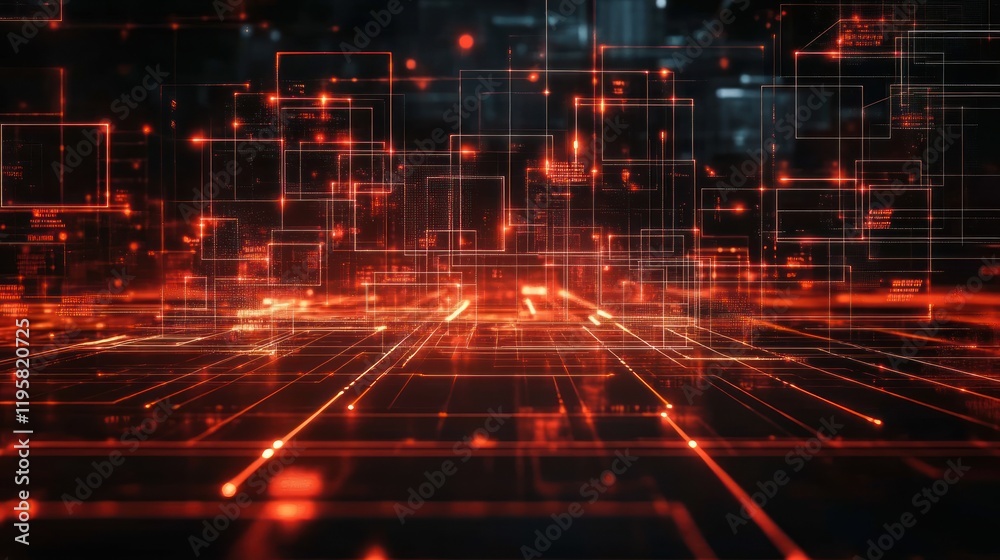 Poster Abstract Digital Network Cityscape Illuminated In Red