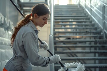 Woman in janitor uniform cleaning staircase with a mop, focusing on her dedication to maintaining cleanliness and hygiene.