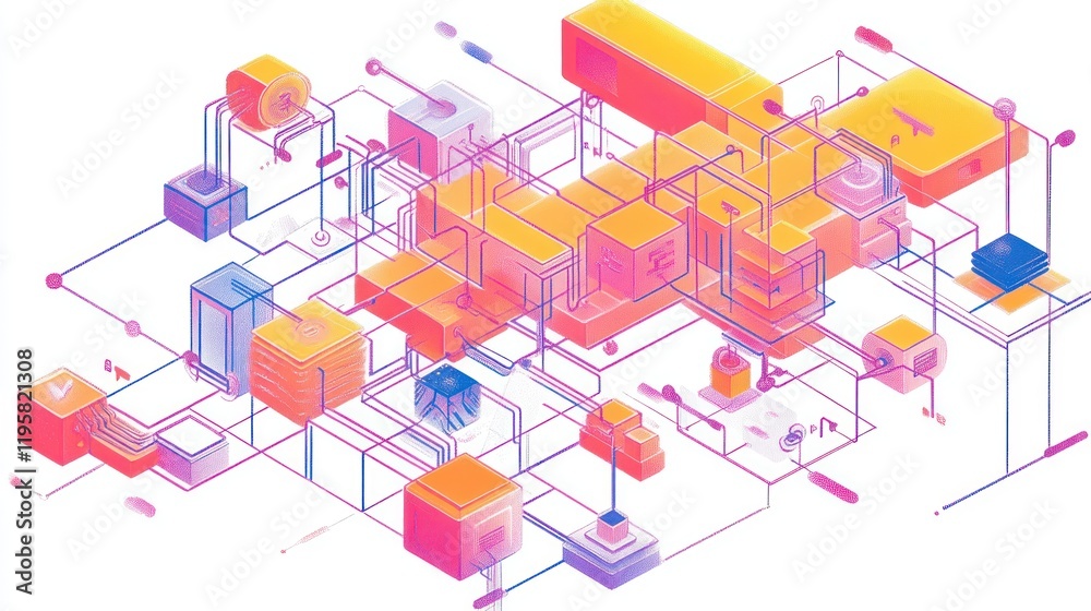 Poster abstract isometric illustration of interconnected cubes and lines