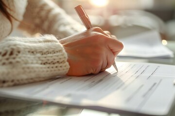 close-up photo of a woman's hand carefully filling out a work injury claim form, highlighting the importance of workers' compensation and insurance policies.