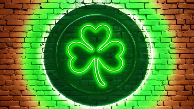 Neon green shamrock on dark brick wall background. Irish holiday St. Patrick's Day concept. Festive symbol, party decor for pub or bar