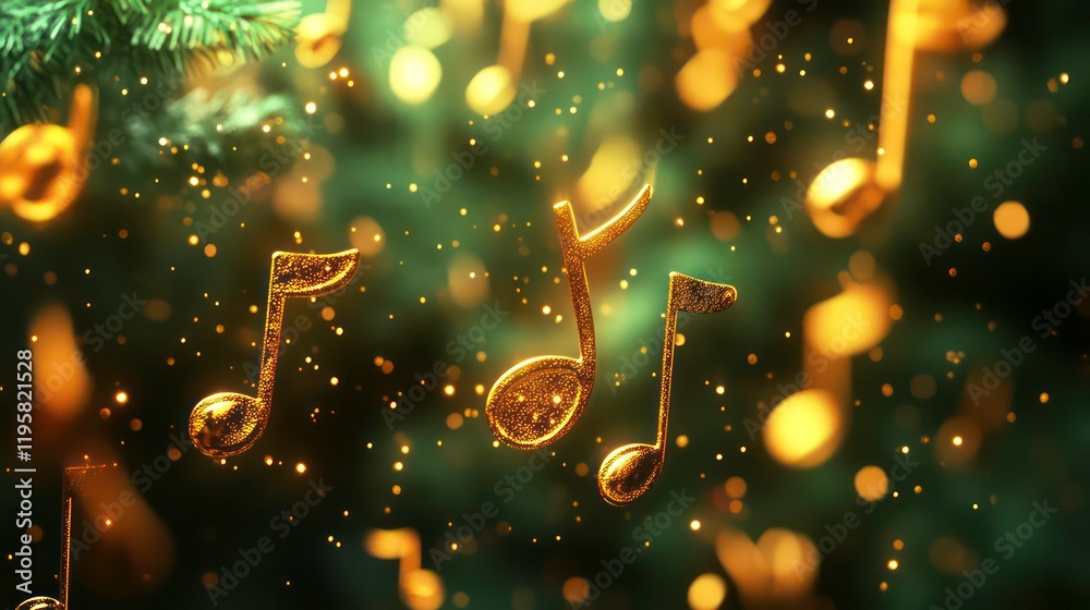 Poster golden musical notes float amidst sparkling bokeh lights and a blurred green christmas tree backgrou