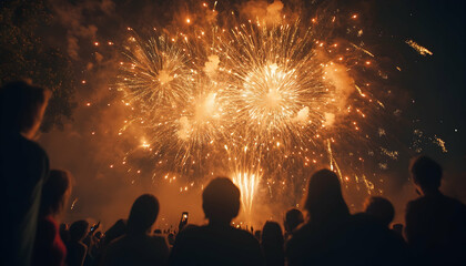 Firework display during a festival event, marking Guy Fawkes night or New Year's Eve, with exploding rockets and colorful celebrations.