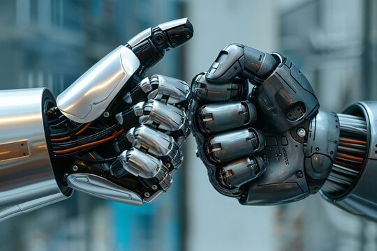 Shiny metallic robot hand and human hand making a fist bump gesture on a sleek grey background. The image captures the concept of interaction between man and machine in the future.