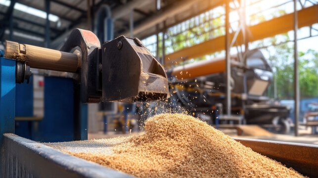 Sawdust piles in a container below a cutting station with natural lighting illuminating the area