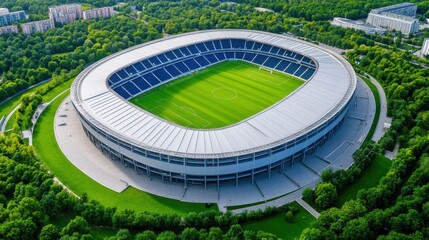Aerial View of Modern Sports Stadium Surrounded by Lush Green Trees and Open Space in Daylight