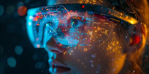 Woman wearing futuristic augmented reality glasses with glowing holographic data and digital interface
