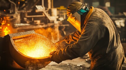 A close-up of a steelworker in protective gear, operating a large furnace with molten metal glowing intensely in a foundry, Steel foundry scene