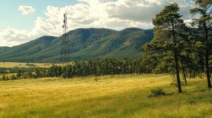 Obraz premium Communication tower rises amidst greenery, showcasing technology in a serene rural setting