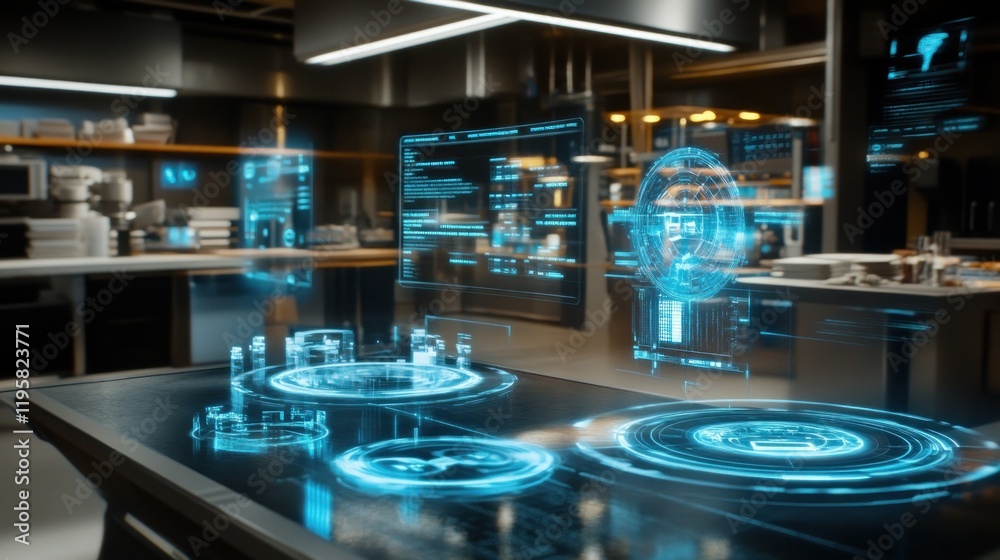Poster futuristic laboratory tabletop holographic interface displays data