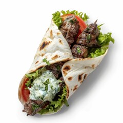 A gourmet lamb kebab wrap with tzatziki sauce and fresh herbs, isolated white background, hyperrealism art style